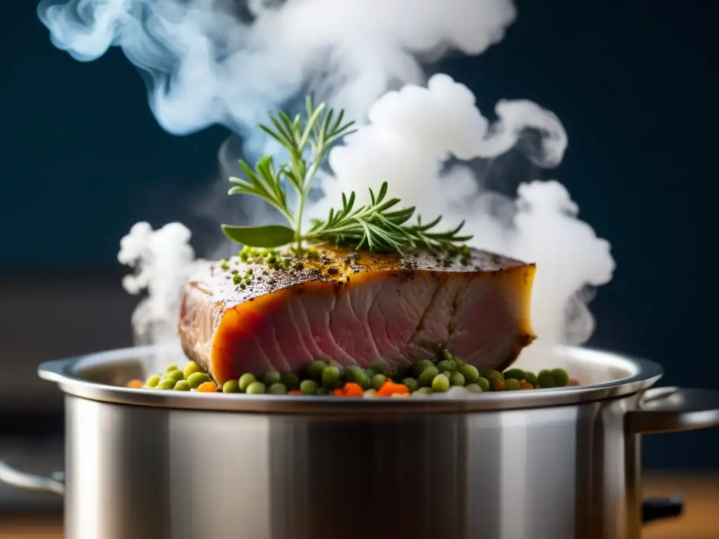 Delicado baile de moléculas: cocinando sous vide a la perfección Exquisita cocción sous vide de carne rodeada de hierbas y especias, con vapor aromático