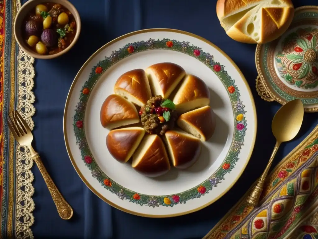 Exquisita tabla con plato bizantino lleno de manjares coloridos y detallados, mostrando la relevancia de recetas históricas de culturas épocas