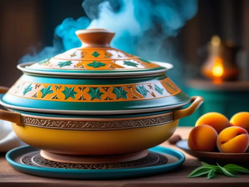 Una exquisita tagine marroquí en la estufa, reflejando la influencia árabe en la cocina saheliana con su diseño y sabores vibrantes