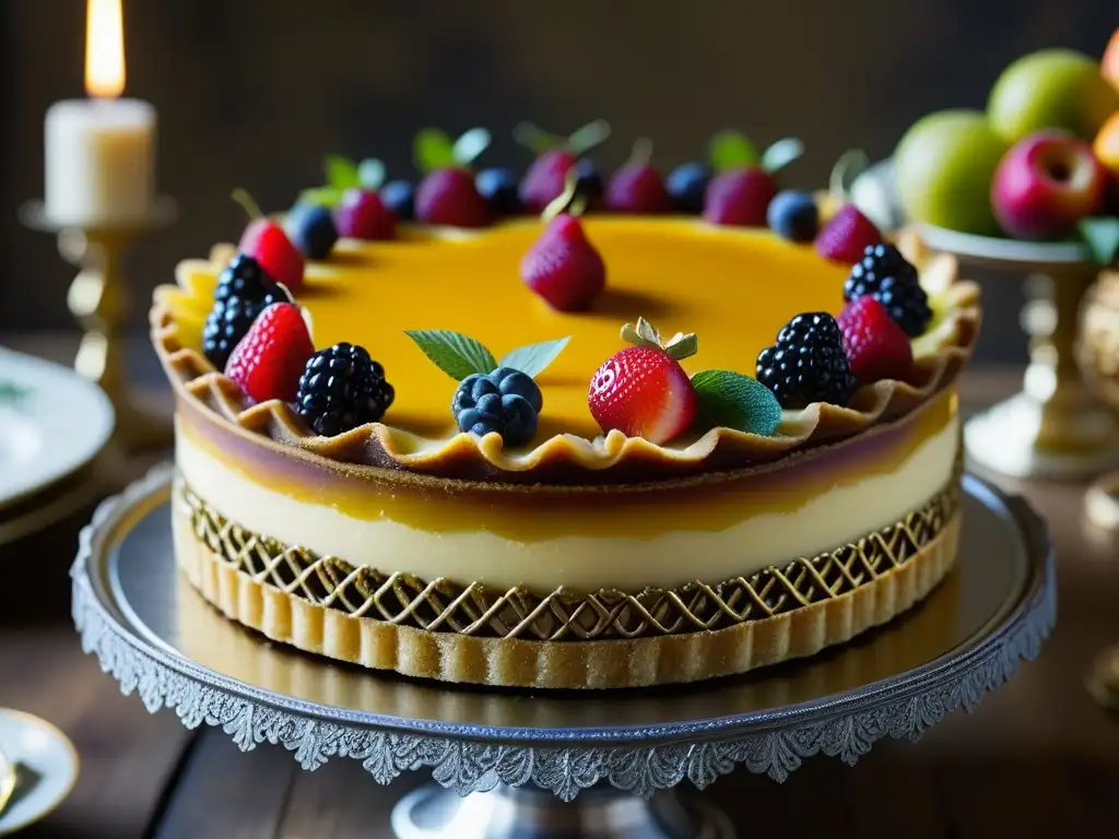 Una exquisita tarta barroca europea decorada con detalles elaborados en una mesa antigua, resaltando la repostería europea