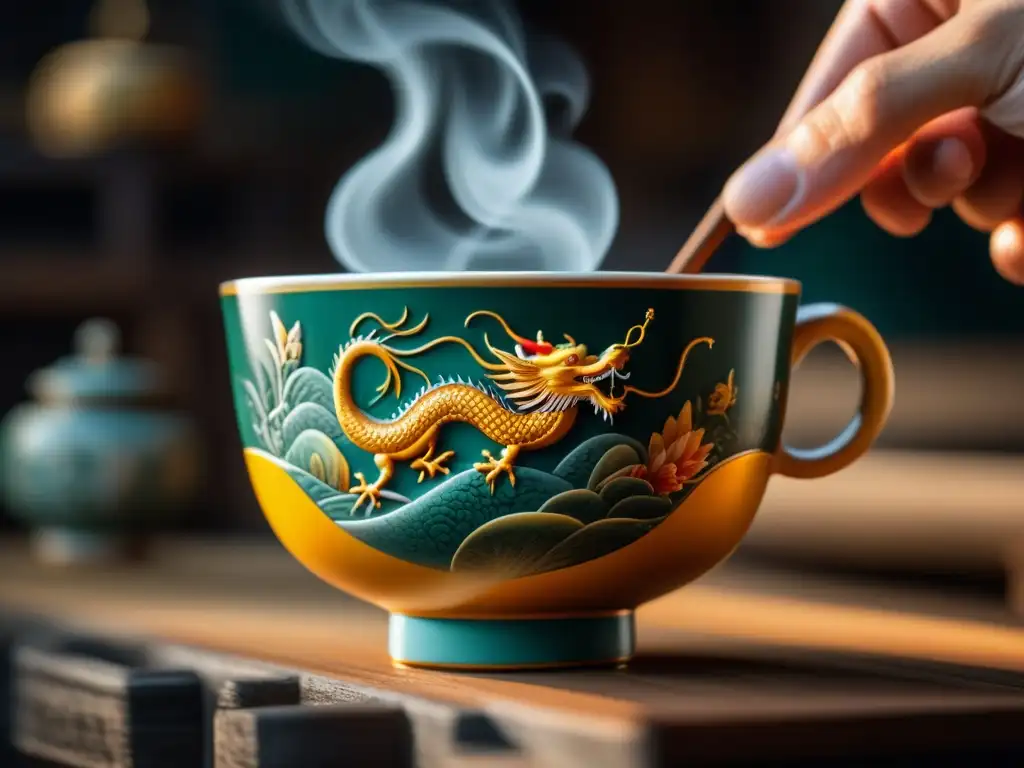 Una exquisita taza china elaborada a mano, con diseños vibrantes de dragones y flores de loto que reflejan la rica historia del té en China