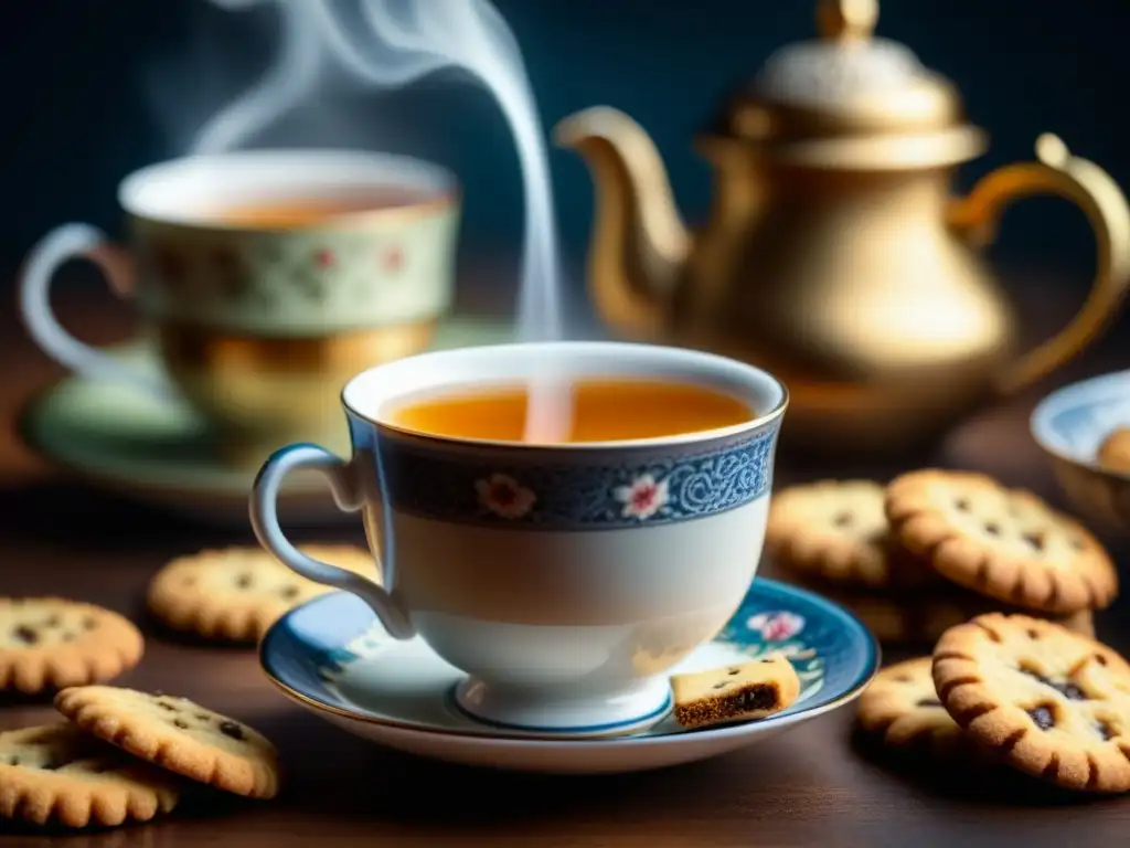 Exquisita taza de porcelana con té chai humeante y galletas recién horneadas