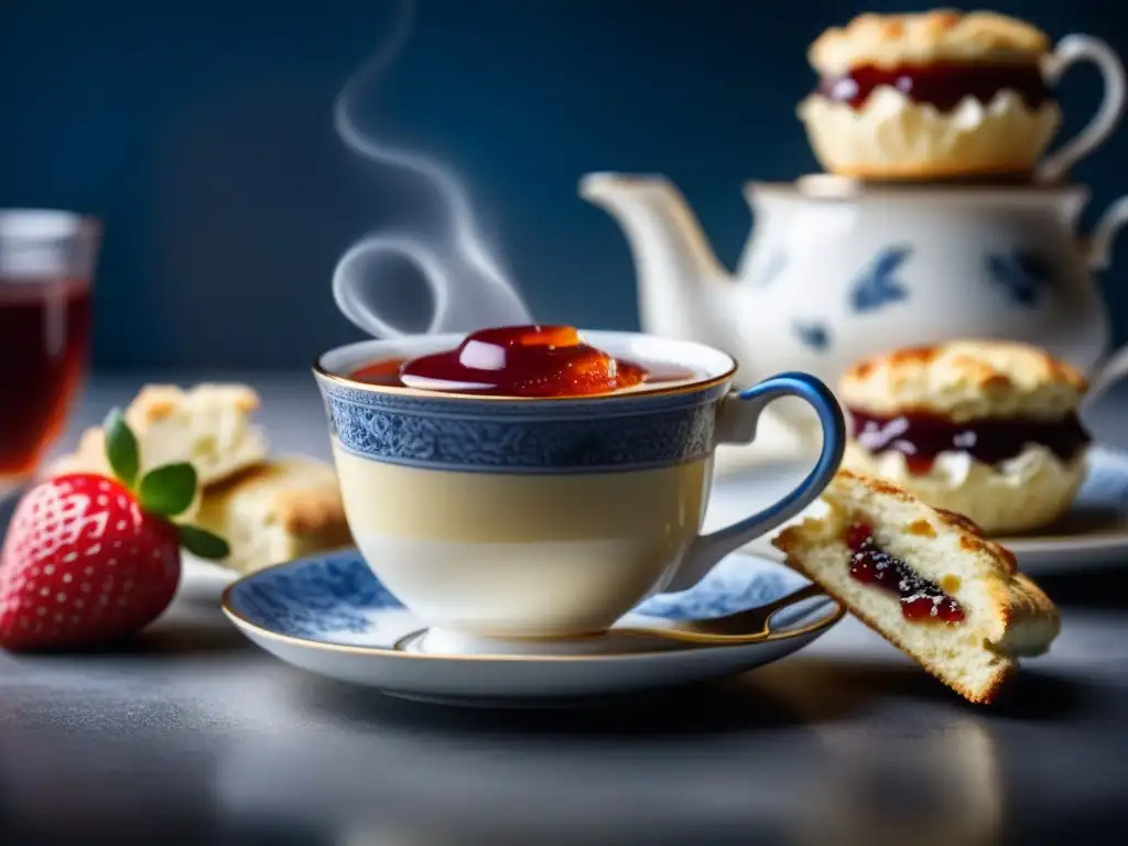 Exquisita taza de porcelana con té Earl Grey humeante y scones recién horneados, reflejando el origen y tradición del afternoon tea