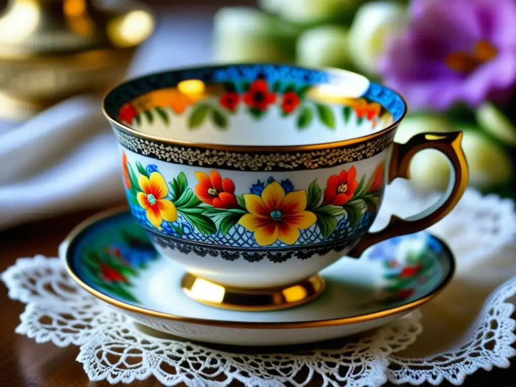 Exquisita taza rusa pintada a mano sobre encaje, destacando la artesanía del Origen té tradicional ruso