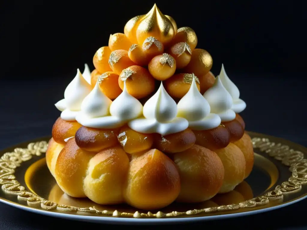 Exquisita torre de croquembouche, con detalles barrocos y adornos dorados, en contraste con fondo oscuro