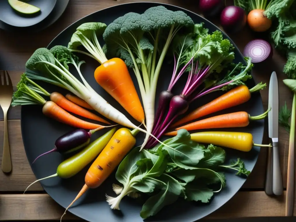 Una exquisita tríada alimenticia en era vikinga: verduras frescas y coloridas dispuestas con arte en una mesa rústica