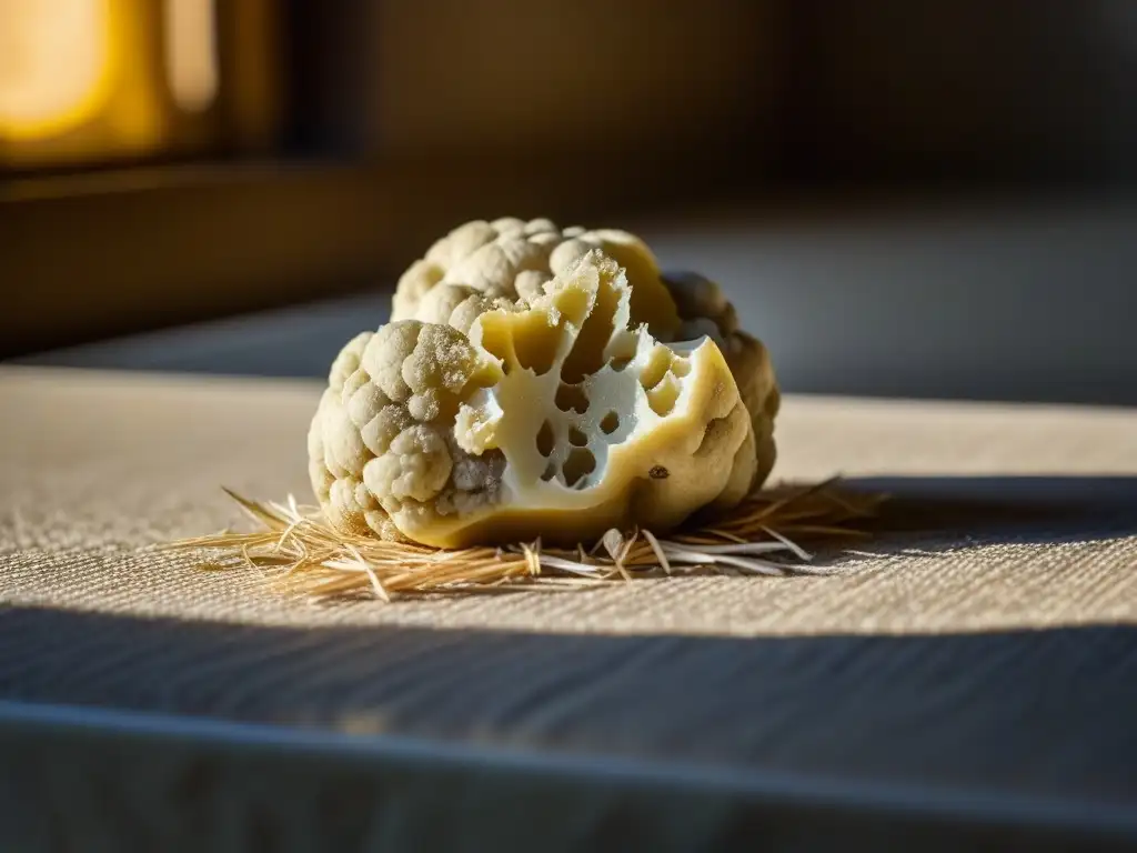 Exquisita trufa blanca en elegante cocina real, iluminada por luz cálida