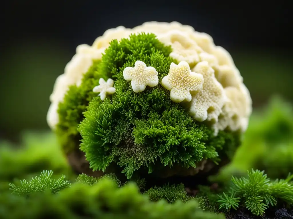 Exquisita trufa blanca sobre musgo verde, resaltando su textura y aroma, en un escenario de lujo y rareza