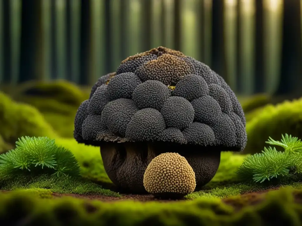 Misterioso y lujoso: Detalle de trufa negra en el bosque Exquisita trufa negra reposando en musgo en un bosque tenue, evocando misterio y lujo