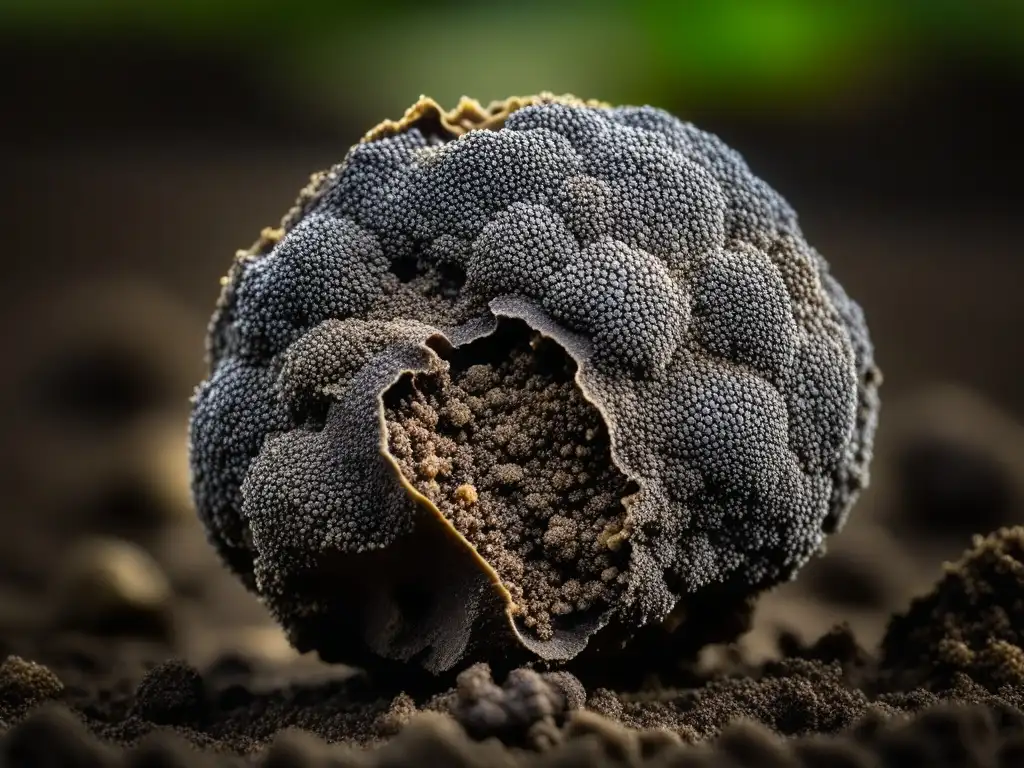 Una exquisita trufa negra recién cosechada sobre tierra húmeda, con su textura rugosa y aroma terroso