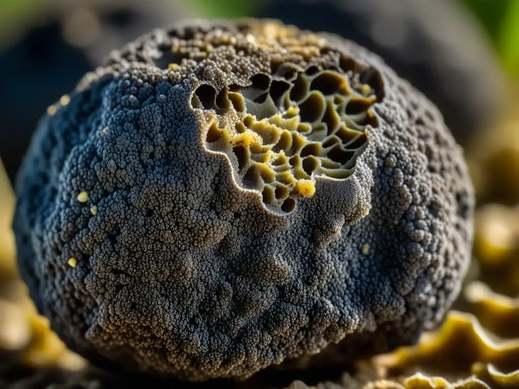 Una exquisita trufa negra, detallada y madura, con un exterior marmóreo, mostrando su lujo gastronómico renacentista