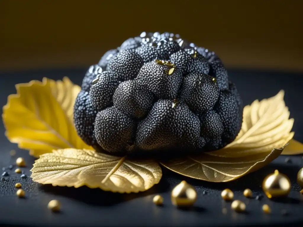 Exquisita trufa negra sobre hojas de oro, con gotas de agua brillantes