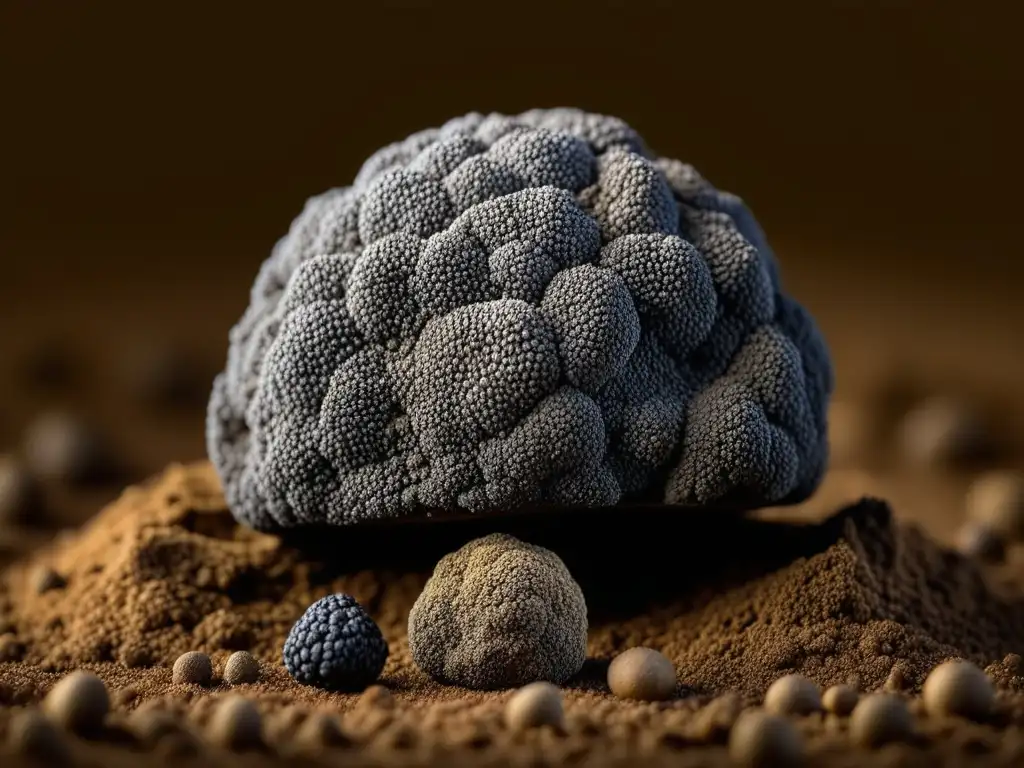 Exquisita trufa negra en suelo, resaltando su textura y variedad de colores, evocando la elegancia de la cocina barroca