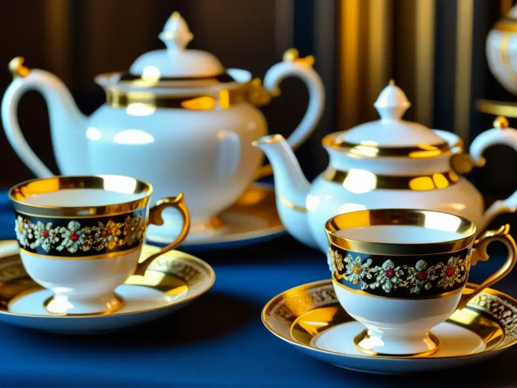 Exquisito juego de té ruso: opulencia zarista Una exquisita vajilla rusa zarista con detalles dorados