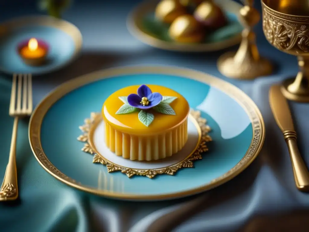 Una exquisita vajilla del siglo XVIII con postres franceses históricos en miniatura, evocando la opulencia de Versalles