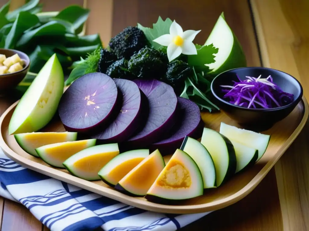 Exquisita variedad de alimentos de la dieta longevidad Okinawa, resaltando colores y texturas vibrantes en un plato de madera