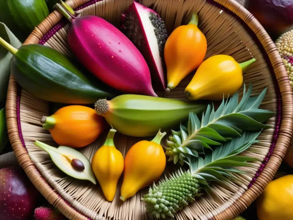 Una exquisita variedad de alimentos indígenas coloridos y vibrantes en una cesta tejida, resaltando la dieta indígena durante la Conquista