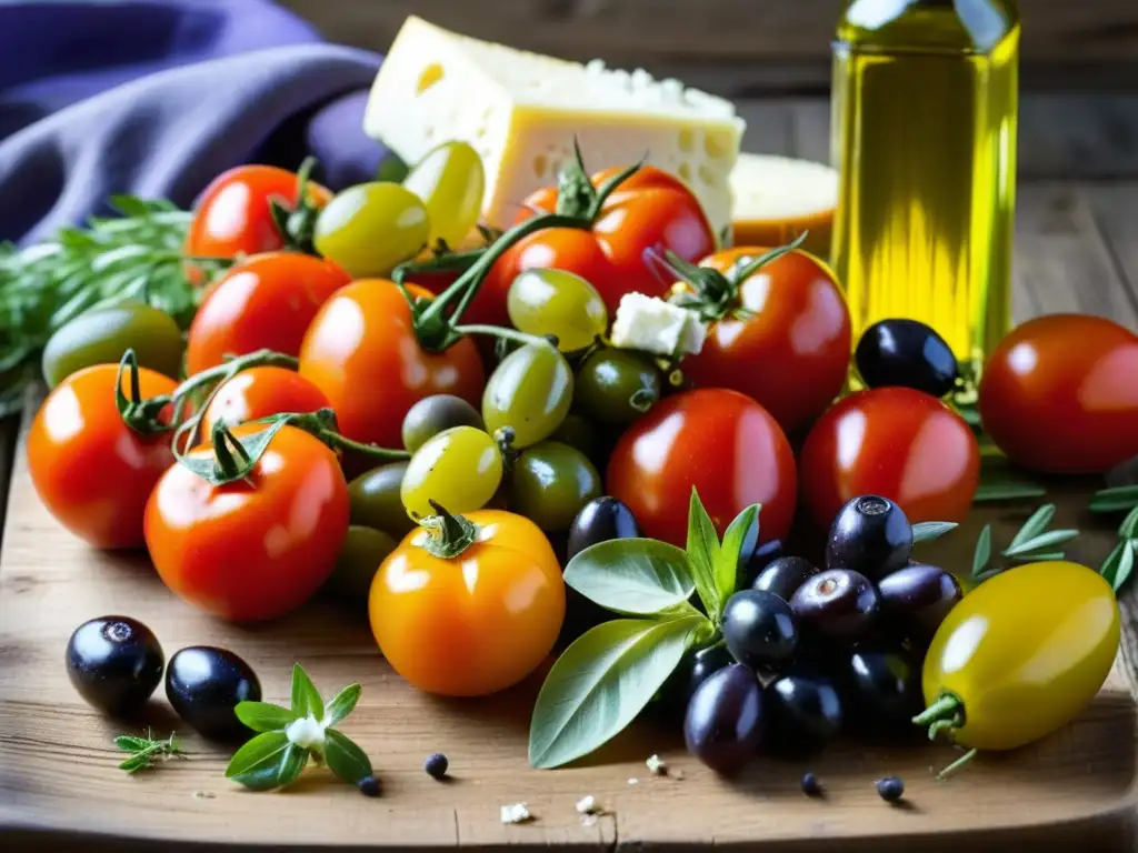 Una exquisita variedad de alimentos mediterráneos antiguos en una mesa rústica, resaltando sus beneficios saludables