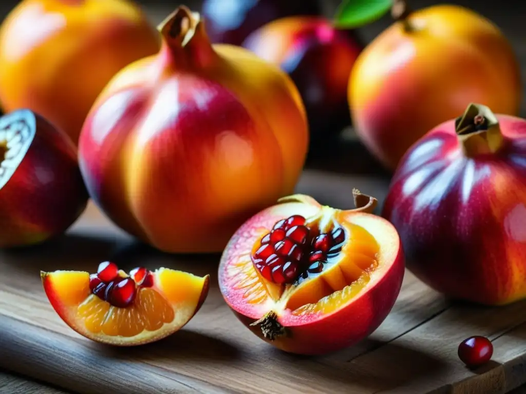 Una exquisita variedad de frutas Abásidas en una mesa rústica, resaltando colores y texturas