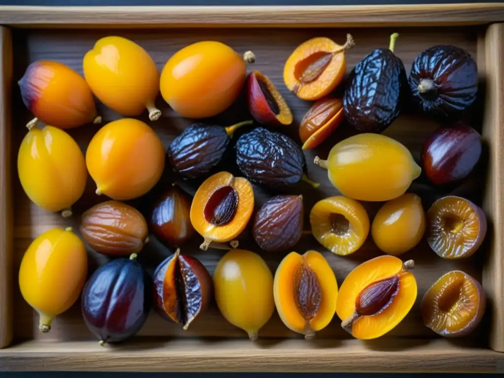 Una exquisita variedad de frutas deshidratadas, como albaricoques, higos y dátiles, meticulosamente dispuestas en una bandeja de madera rústica