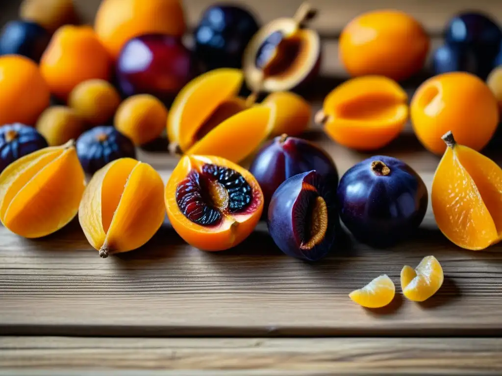 Una exquisita variedad de frutas deshidratadas en una mesa rústica: albaricoques, higos, ciruelas y pasas