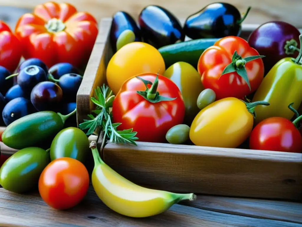 Una exquisita variedad de frutas y verduras mediterráneas frescas, coloridas y vibrantes, en una mesa de madera rústica