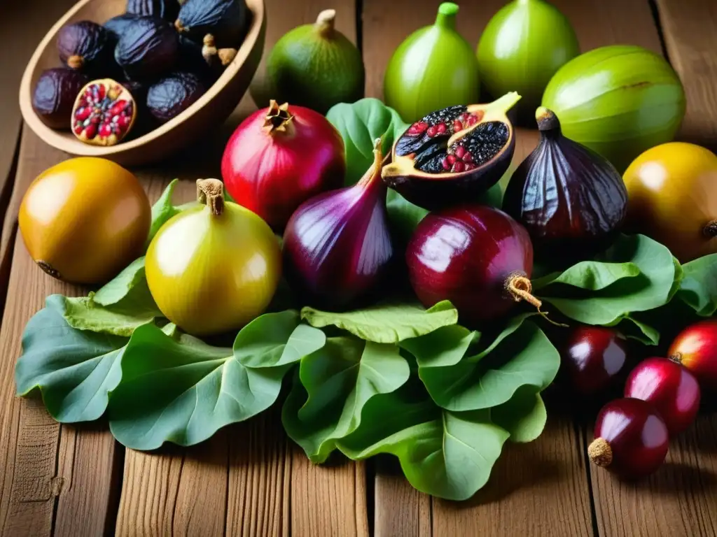 Una exquisita variedad de frutas y verduras egipcias antiguas en una mesa de madera