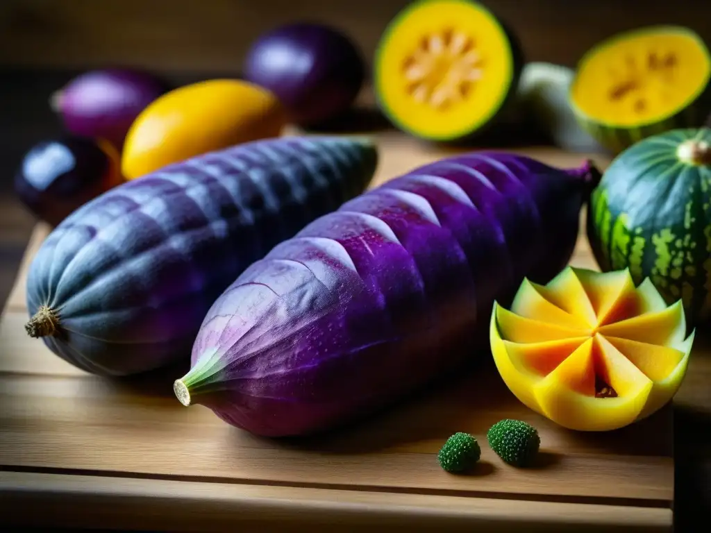 Una exquisita variedad de frutas y verduras okinawenses en detalle, resaltando sus colores y texturas