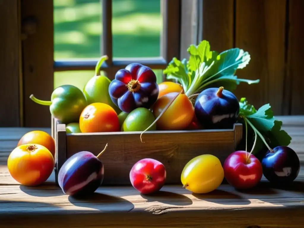 Una exquisita variedad de frutas y verduras medievales en una mesa rústica, evocando nostalgia