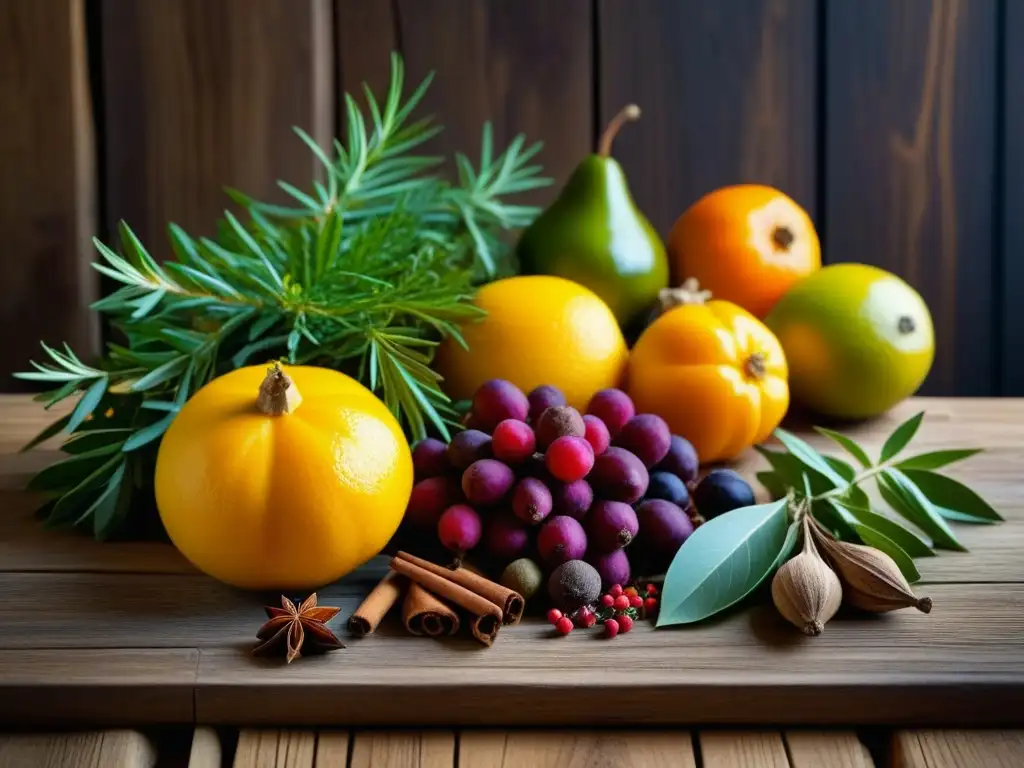 Una exquisita variedad de ingredientes exóticos de la cocina bizantina, desplegados en una mesa rústica