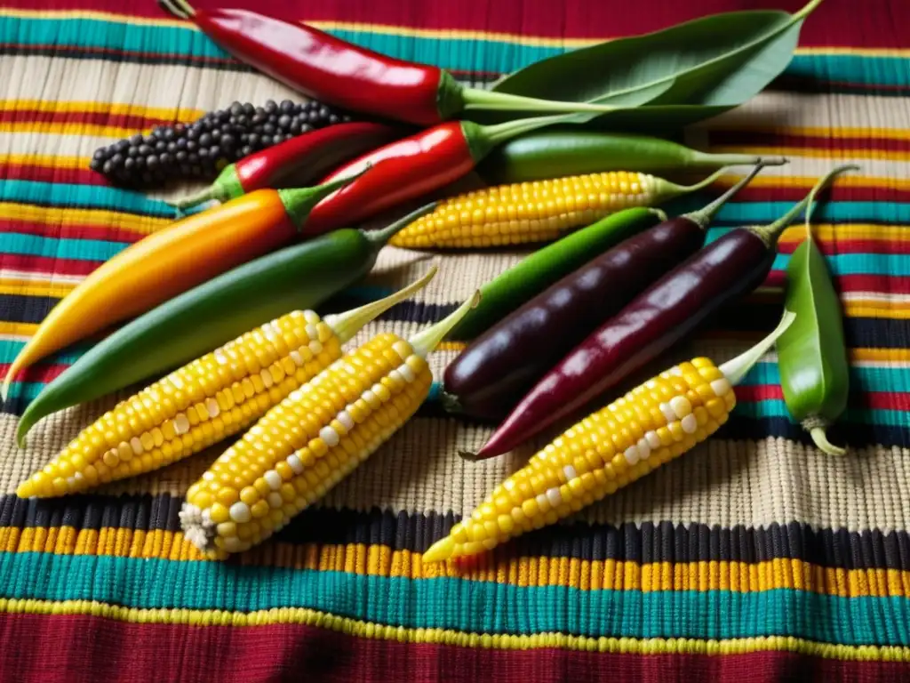 Una exquisita variedad de ingredientes prehispánicos coloridos y detallados sobre un mantel tradicional tejido