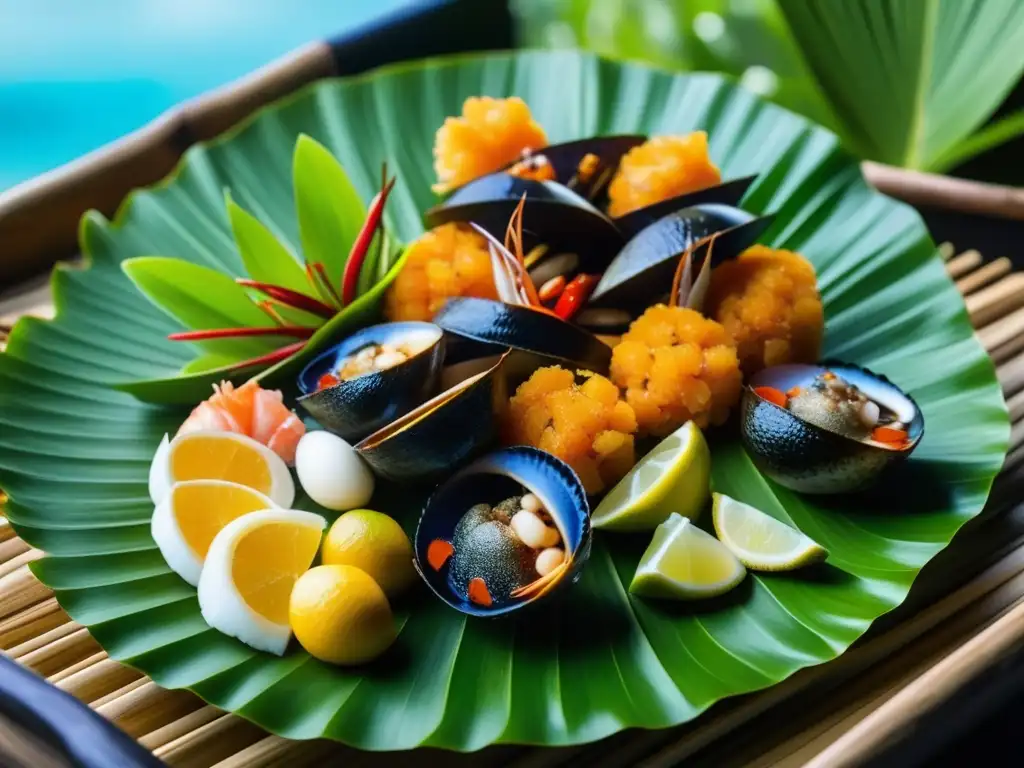 Una exquisita variedad de mariscos frescos micronesios en un plato tradicional de hoja de palma tejida