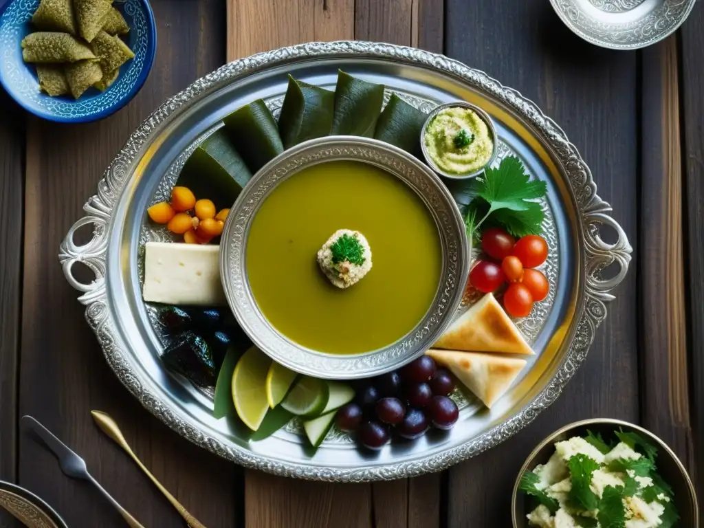 Una exquisita variedad de mezes otomanos en un plato de plata, resaltando texturas y colores vibrantes