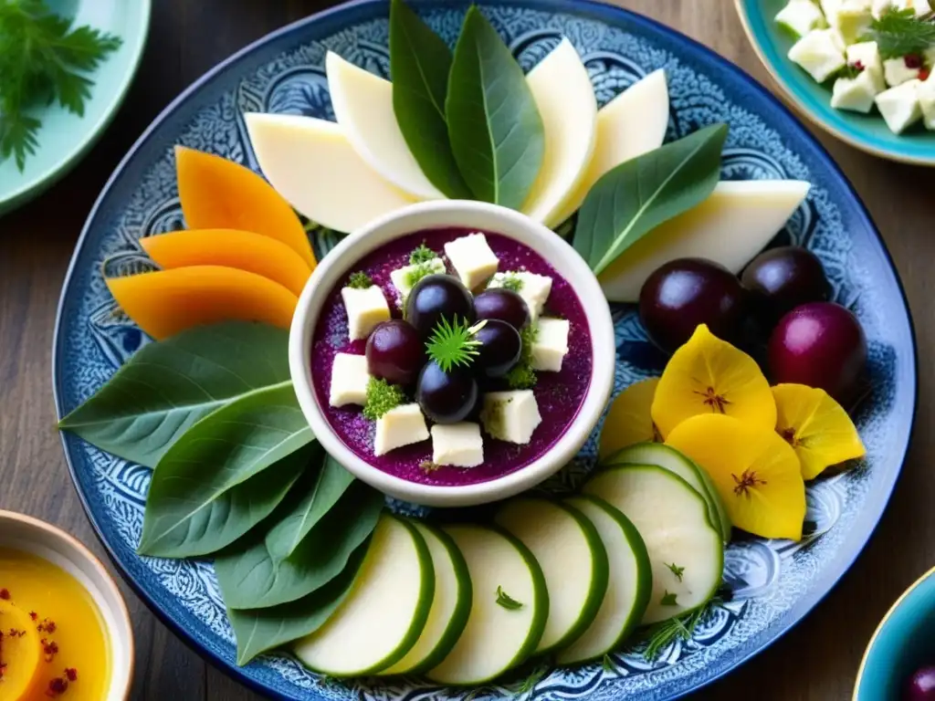 Una exquisita variedad de platillos coloridos de Meze otomano en un plato cerámico tradicional