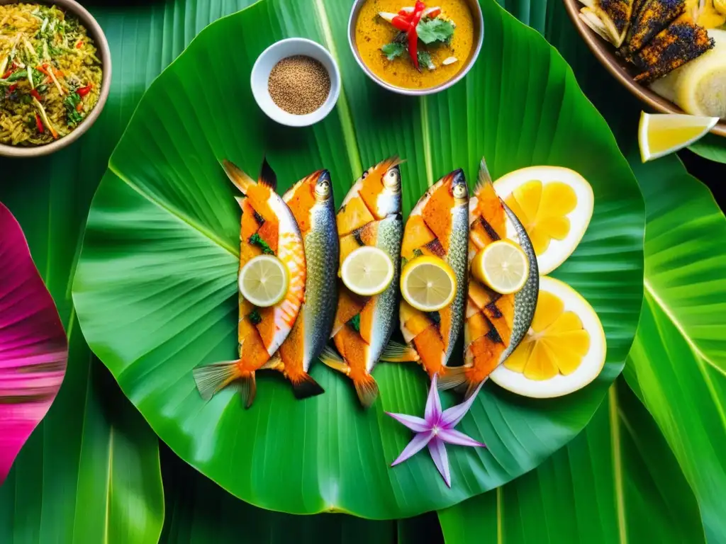 Una exquisita variedad de platos de pescado tradicionales del sur de Asia en hoja de plátano, destacando colores, especias y texturas