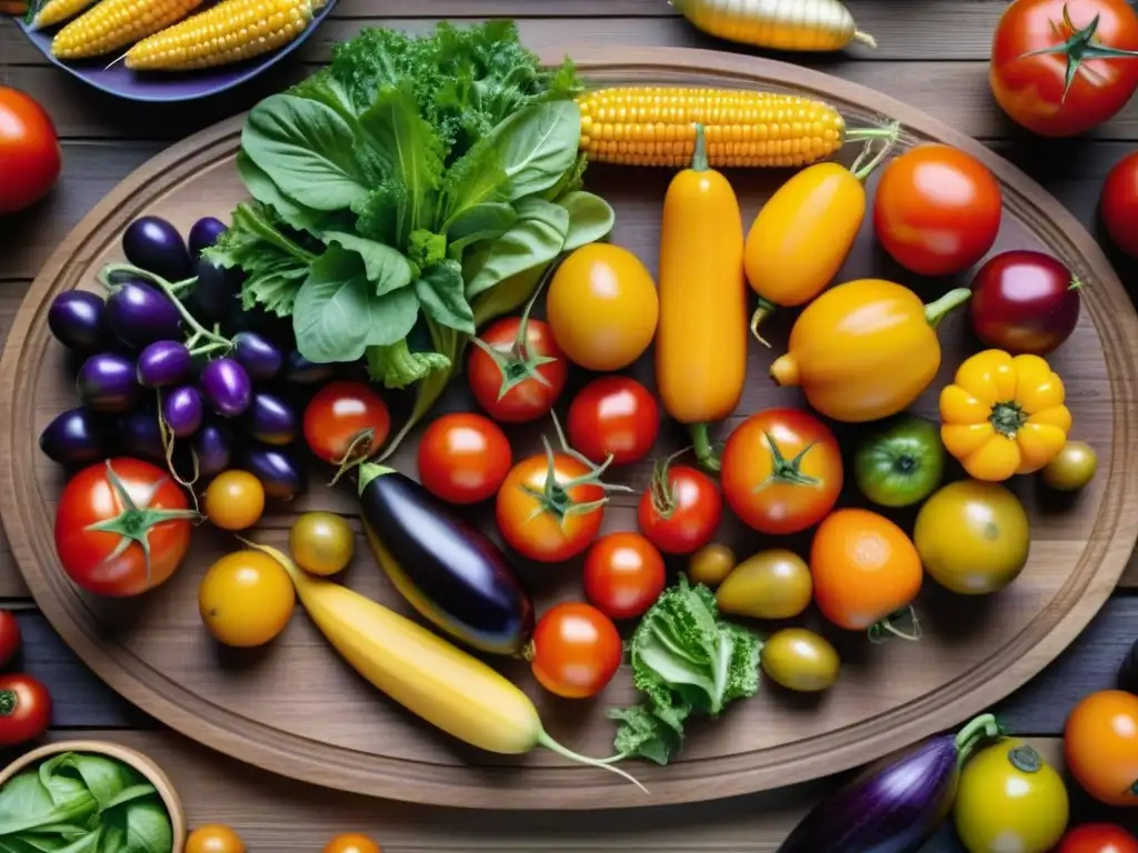 Exquisita variedad de frutas y verduras orgánicas en mesa de madera Una exquisita variedad de productos orgánicos en festividades históricas, deslumbrante y colorida