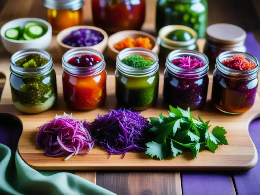 Una exquisita variedad de superalimentos fermentados en un hermoso tablero de madera, mostrando la historia de la fermentación de alimentos