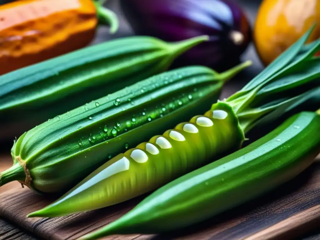 Sabores Africanos: Detalles de Verduras Frescas en Mesa Rústica Una exquisita variedad de verduras africanas frescas y vibrantes, como okra, berenjena y camote, sobre una mesa rústica de madera