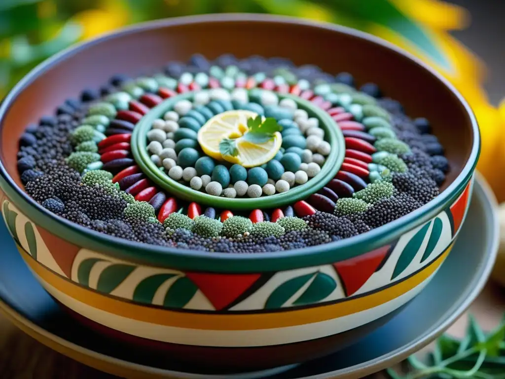 Exquisita vasija azteca con ingredientes históricos: semillas de chía, amaranto, cacao y chiles secos