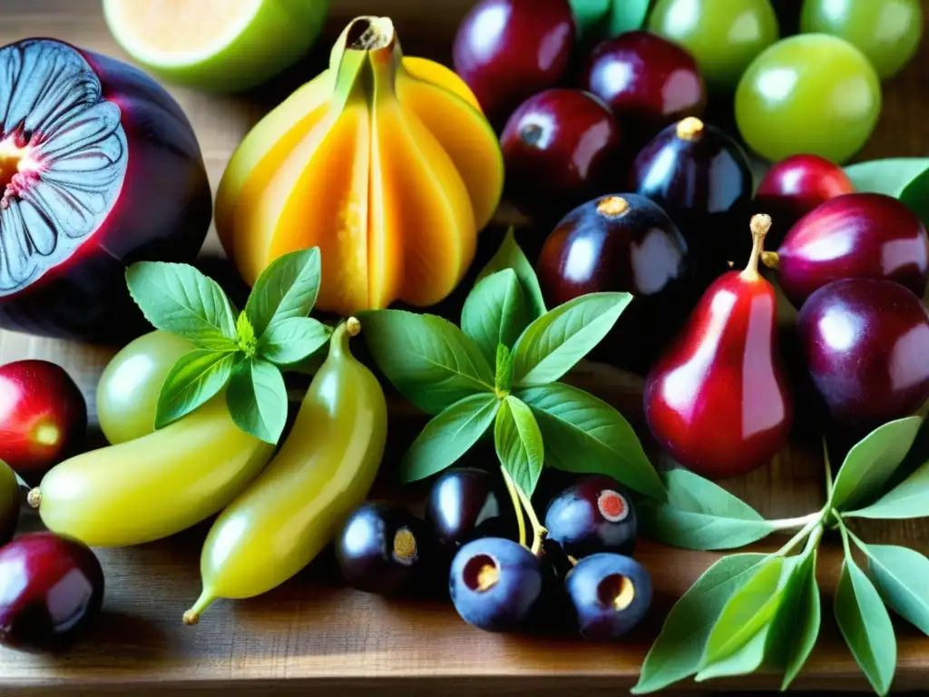 Una exquisita y vibrante variedad de frutas y verduras sobre una mesa rústica