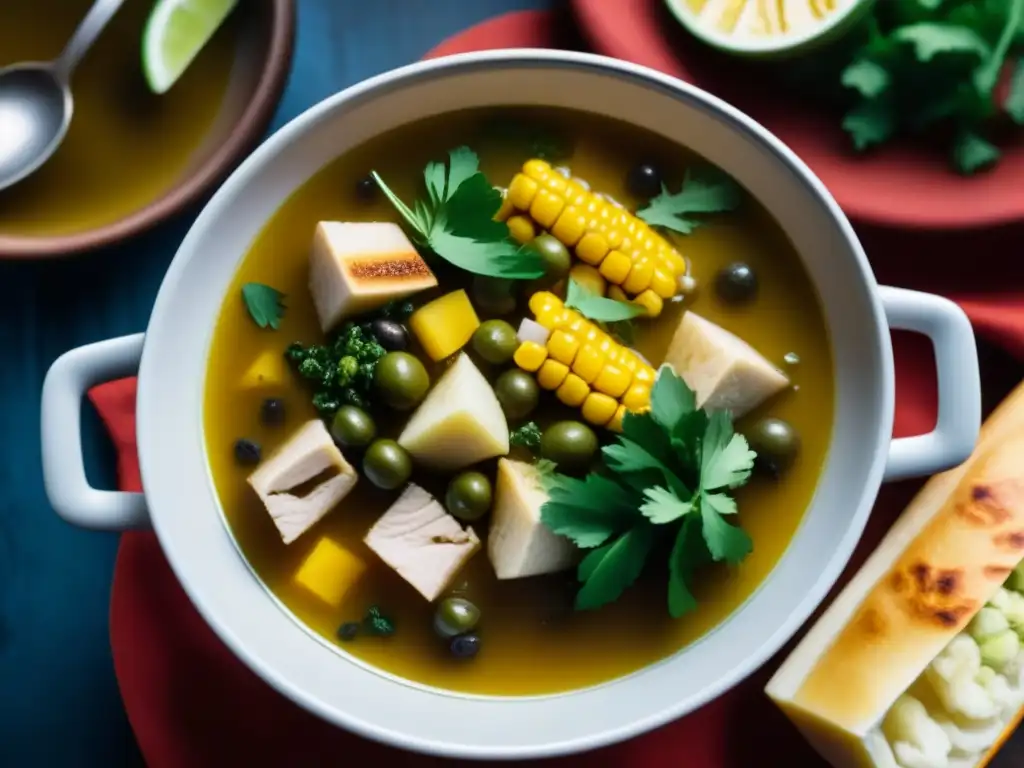 Una exquisita vista cercana de un bowl humeante de ajiaco caribeño, resaltando sus colores y texturas vibrantes