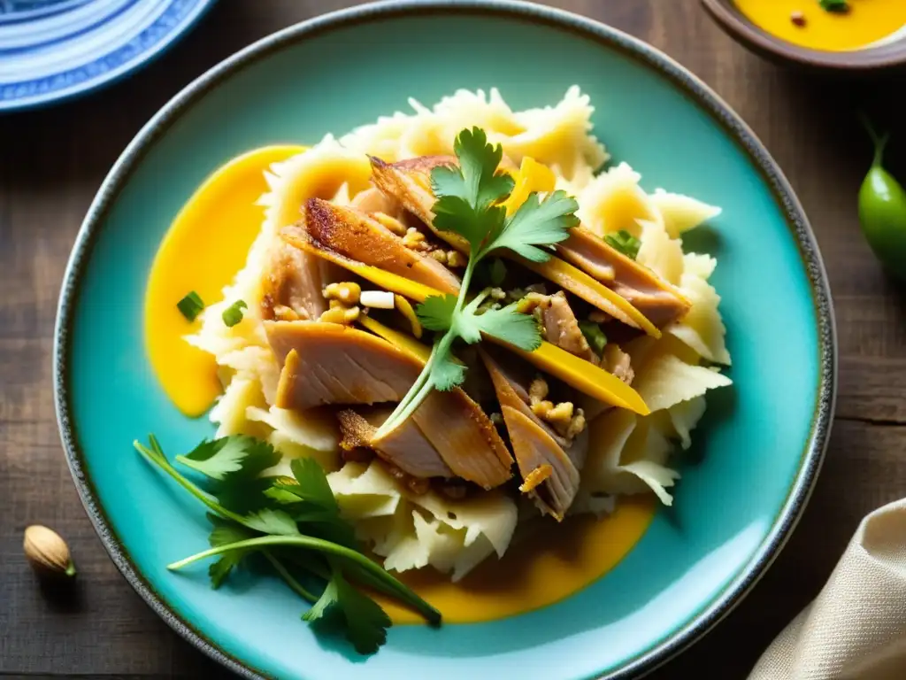 Una exquisita vista cercana del colorido y texturas de un tradicional plato peruano Ají de Gallina