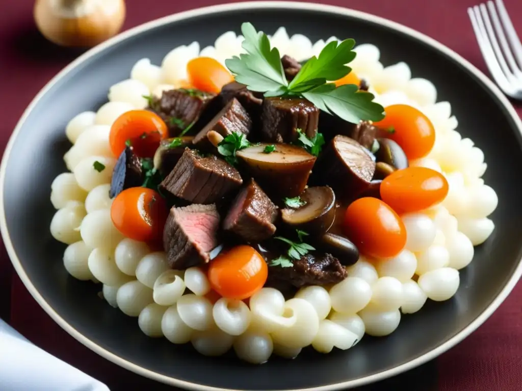 Una exquisita vista cercana de un plato de Bœuf Bourguignon, impacto gastronomía Revolución Francesa