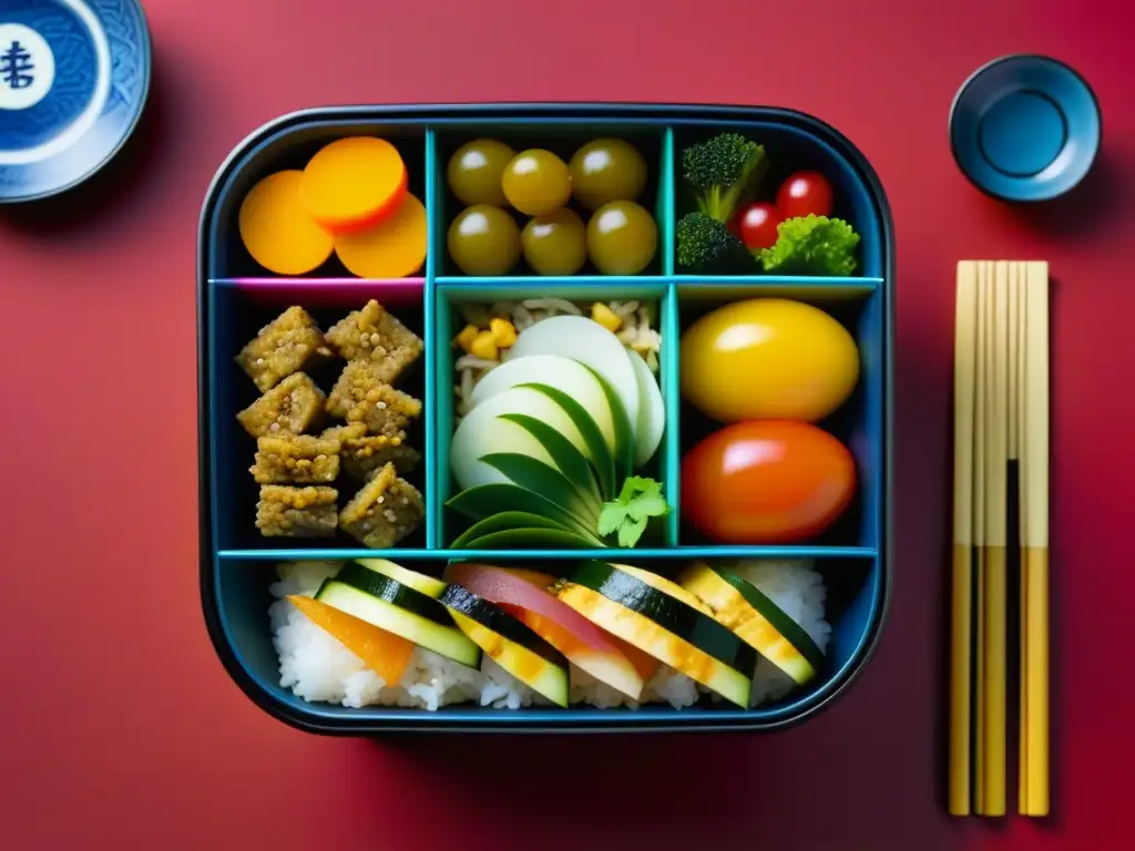 Una exquisita vista detallada de un bento japonés con platillos vegetarianos, reflejando la alimentación samurái influenciada por el budismo