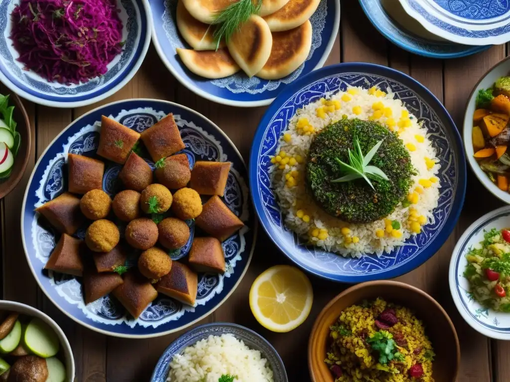 Una exquisita vista detallada de un colorido festín de recetas históricas de la cocina otomana, destacando la salud y el sabor