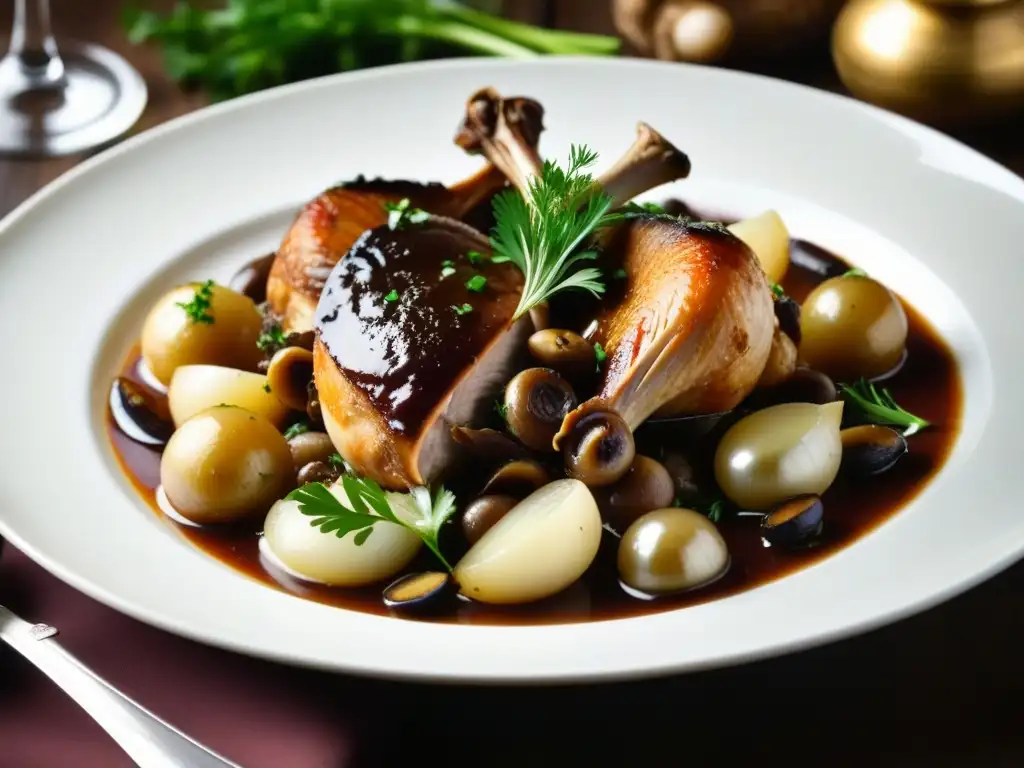 Una exquisita vista detallada de un elegante plato de Coq au Vin, un clásico de la gastronomía francesa siglo XVII, con ricos colores y texturas