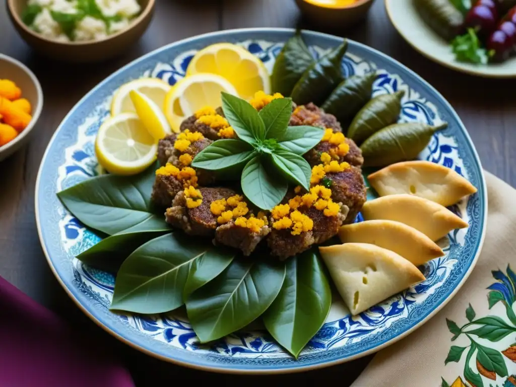 Una exquisita vista detallada de un plato cerámico otomano adornado, con delicias tradicionales y vibrantes colores