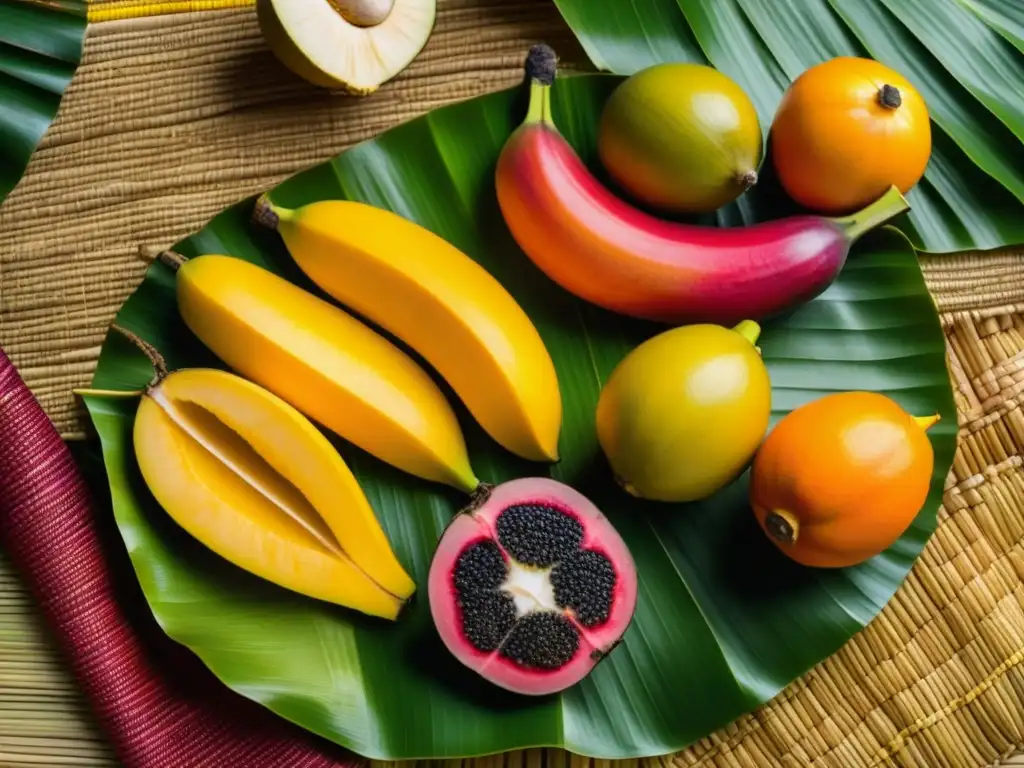 Una exquisita vista detallada de la vibrante dieta tradicional Micronesia con frutas tropicales y pescado fresco en una hoja de palma tejida