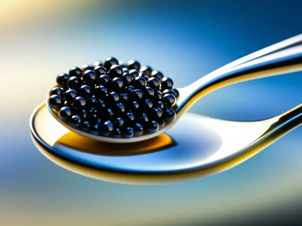 Exquisitas perlas de caviar negro sobre cuchara de nácar, reflejando lujo y sofisticación