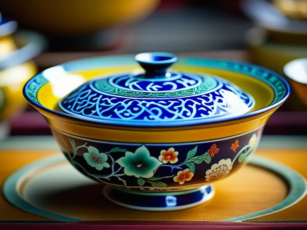 Exquisita comida china en cuenco de la dinastía Ming Exquisitas recetas históricas de la dinastía Ming en una colorida cerámica